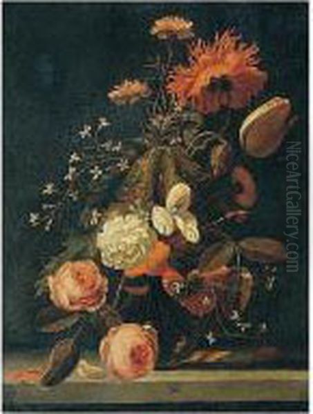Still Life With Roses, Tulips, 
Carnations, And Other Flowers In A Glass Vase On A Stone Ledge Oil Painting by Simon Pietersz. Verelst