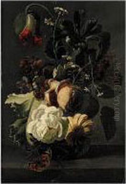 Still Life Of Roses And Other 
Flowers In A Glass Vase, Together With A Butterfly, Upon A Stone Ledge Oil Painting by Simon Pietersz. Verelst