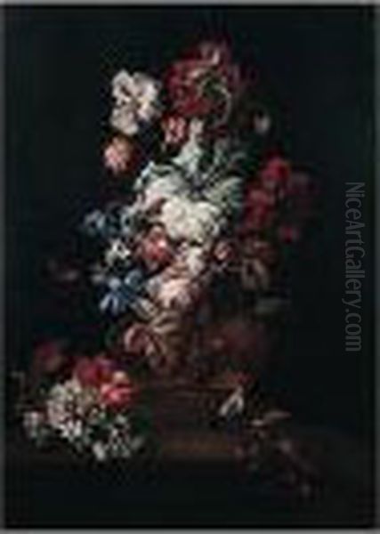 A Still Life Of Roses, 
Carnations, Chrysanthemums And Poppies In A Stone Urn, With Grapes, 
Peaches And Pomegranates, Together With A Goldcrest, Upon A Stone Ledge Oil Painting by Simon Pietersz. Verelst