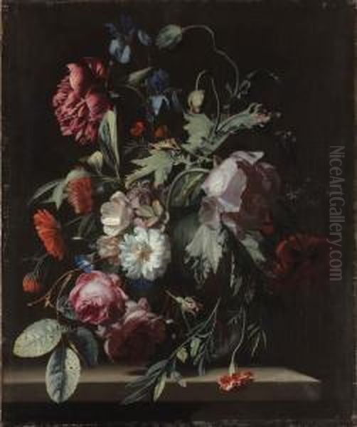 Roses, Irises, Poppies, A 
Paeony, Morning Glory, Carnations And Other Flowers In A Vase, On A 
Stone Table Oil Painting by Simon Pietersz. Verelst