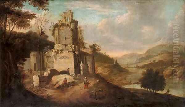 An Italianate landscape with figures by ruins Oil Painting by Franz Ferg