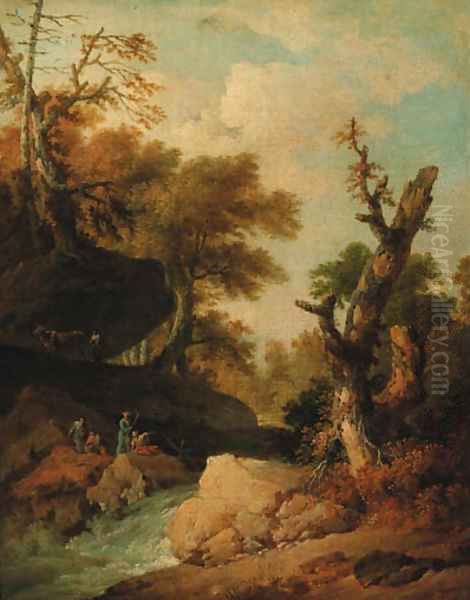 A rocky river landscape with travellers resting on a bank Oil Painting by Franz Ferg
