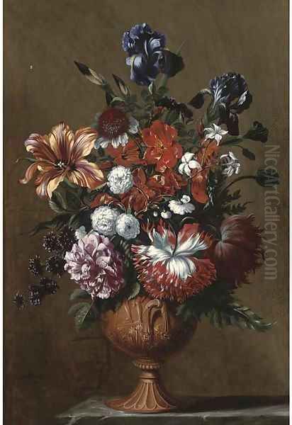 Irises, a tulip, a rose, jasmine and other flowers Oil Painting by Jean Baptiste Belin de Fontenay