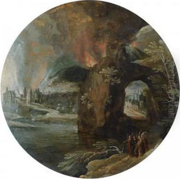 A Mountainous Landscape With 
Travellers In The Foreground Andthe Destruction Of Sodom And Gomorrah 
Beyond Oil Painting by Tobias van Haecht (see Verhaecht)