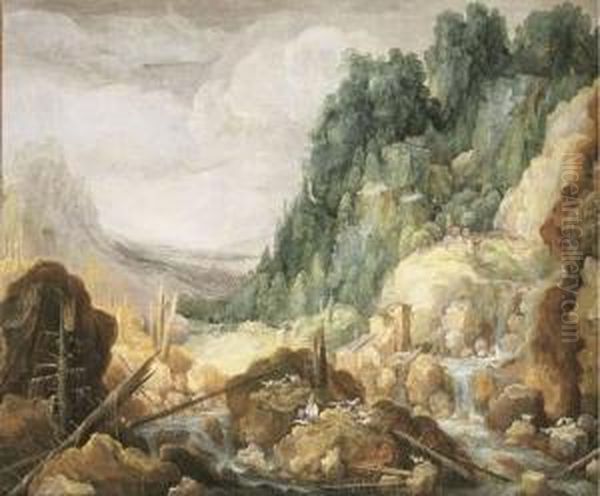 A Mountainous River Landscape 
With A Goatherder Resting On A Rock, A Watermill And A Waterfall Beyond Oil Painting by Tobias van Haecht (see Verhaecht)