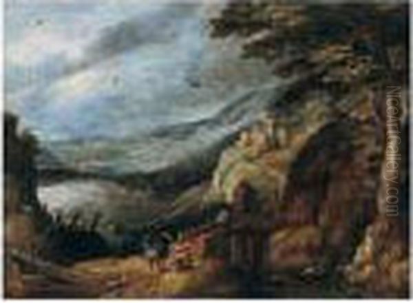 An Extensive Landscape With A 
Rider Giving Alms To A Man Beside A Bridge, A Monastery Beyond Oil Painting by Tobias van Haecht (see Verhaecht)