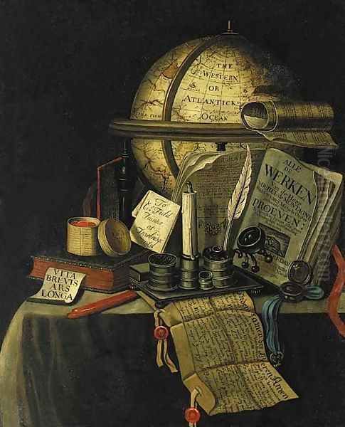 A Vanitas still life with a globe showing the Americas Oil Painting by Charles Field