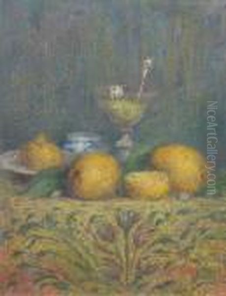 'still Life Study Of Fruit And 
Cocktail Glass', Oil, Signed With Initials And Incribed Verso Panel, 14 Oil Painting by Alfred Verhaeren