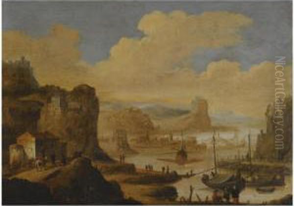 A Mediterranean Harbour Scene 
With Figures On The Shore Near Fishing Barges And A Galley, A View Of A 
Town Along A Coastline Beyond Oil Painting by Dirck Verhaert