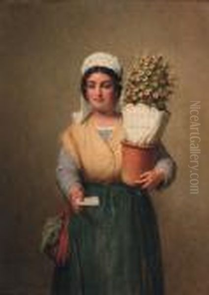 Les Fleurs De Fte - A Maid And A Page-boy Presenting Flowers Oil Painting by Francois Verheyden