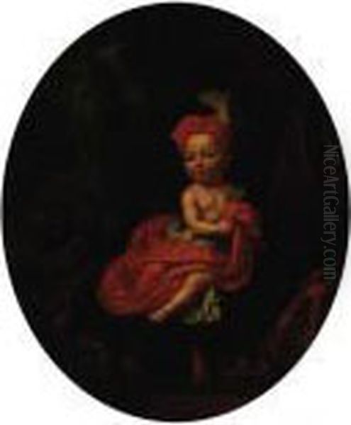 Portrait Of A Child, Small 
Full-length, Seated On A Blue Cushion,in A Red Cap And White Chemise 
With A Red Shawl, A Garden With Apeacock And Female Statue Beyond, In A 
Feigned Oval Oil Painting by Mattheus Verheyden