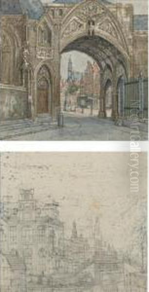 Recto: View Through A City Gate 
Into A Square, With A Water Fountain At The Centre;verso: A Street 
Running Along A Canal, With Figures Unloading A Boat In The Foreground Oil Painting by Jan Hendrik Verheijen