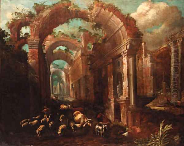 A capriccio of a ruined classical arcade Oil Painting by Paolo Fiammingo