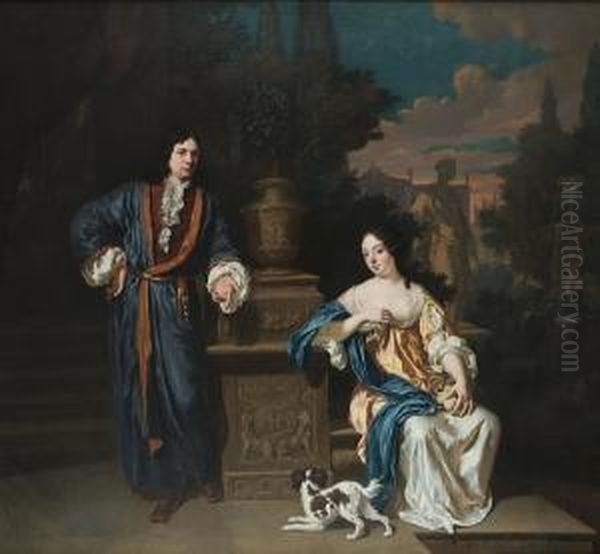 A Double Portrait Of A Gentleman
 And A Lady, Full-lengths, In A Blue Gown And A White Dress With A Blue 
Wrap Respectively, He Leaning Against An Urn, She Seated Holding A 
Basket Of Peaches, A Spaniel At Her Feet, In A Park, A Fountain And 
Statue B Oil Painting by Jan Verkolje
