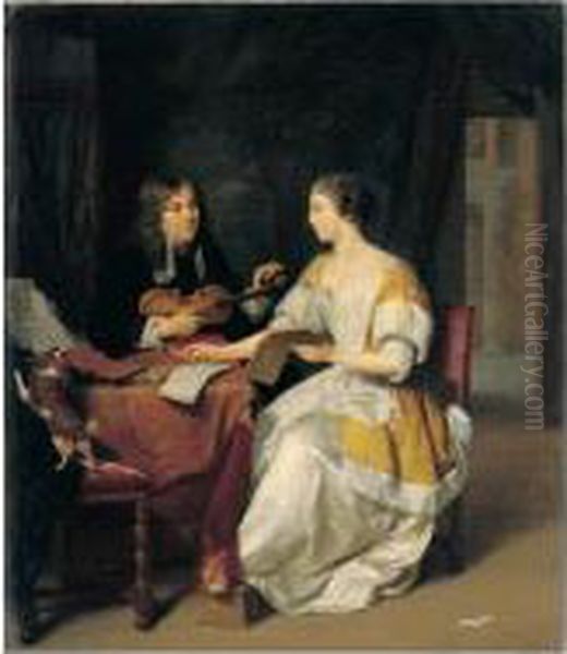 Interior Scene With A Couple 
Seated At A Table, The Man Tuning A Violin And The Woman Holding A 
Recorder And Music Score Oil Painting by Jan Verkolje