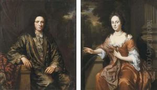 Portrait Of Mathijs Van Son 
(1665-1704), Seated Small Three-quarterlength, In A Japanse Rok With A 
Lace Shirt, On A Terrace; Andportrait Of Elisabeth Van Son, Nee Marchand
 (1668-1734), Seatedsmall Three-quarter Length, In A Ochre Silk Dress 
With A Oil Painting by Jan Verkolje
