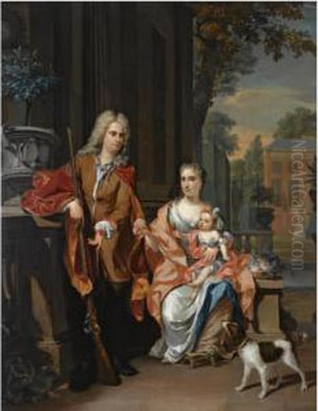 A Family Portrait Of Johan 
Diederik Pompe Van Meerdervoort (1697-1749) With His Wife Johanna Alida 
(1691-1749) And Their Eldest Daughter Maria Christina (born 1723), To 
The Background The Country Estate Meerdervoort At Zwijndrecht Oil Painting by Nicholas Verkolje