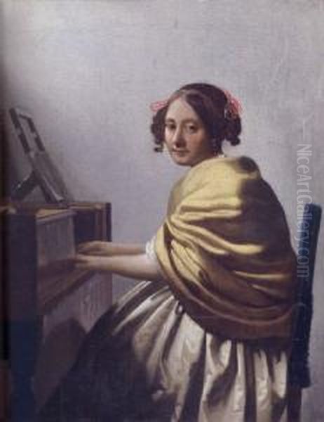 Young Woman At The Virginals Oil Painting by Jan Vermeer Van Delft