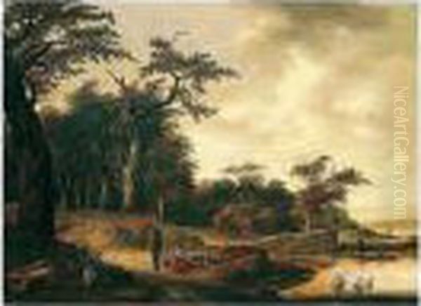 A Wooded Landscape With Peasants
 Resting By A Track, Ducks Being Flighted In A Pond Beyond Oil Painting by Jan Wijnants