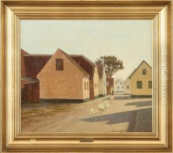Village With Girl And Geese Oil Painting by Sophus Vermehren