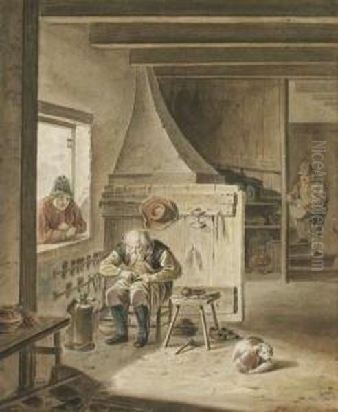 Die Stube Des Schuster````s. 
Aquarell Auf Butten Auf Feines Japan Kaschiert. 28,2 X 23,6 Cm. Rechts 
Unten Signiert: A. Vermeulen. Unter Glas Gerahmt. Oil Painting by Andries Vermeulen