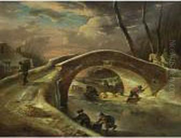 A Winter Landscape With A Horse 
Drawn Cart Going Over A Bridge, Peasants Transporting Pigs Over The 
River, And Children Sledging Oil Painting by Andries Vermeulen