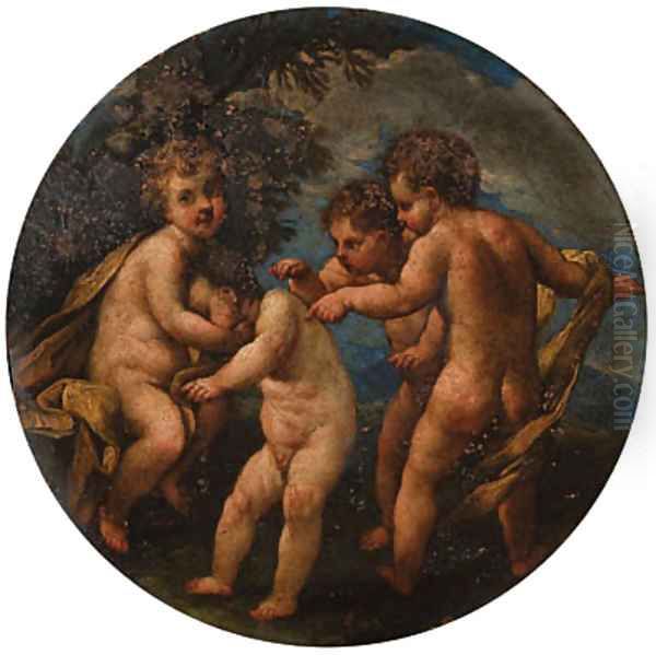 Putti disporting in landscapes Oil Painting by Marcantonio Franceschini)