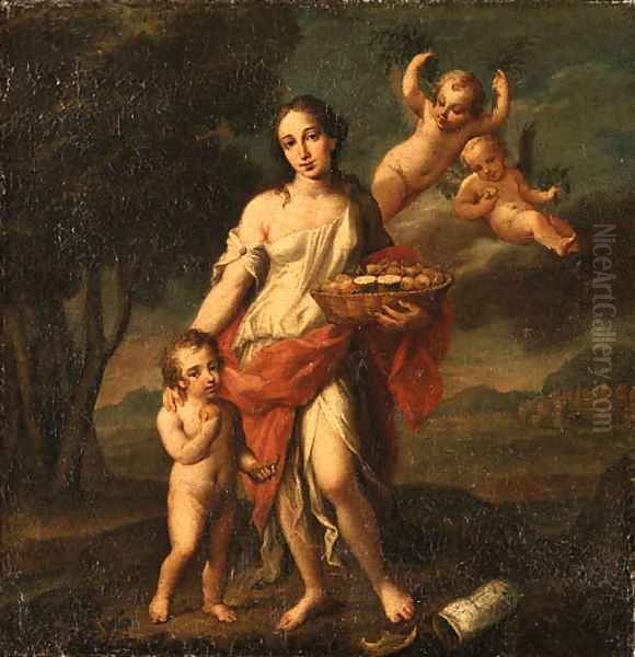 A Woman holding a Basket of Fruit with a Child and Putto Oil Painting by Marcantonio Franceschini)