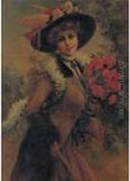 Portrait Of A Lady With A Bouquet Of Red Roses Oil Painting by Emile Vernon