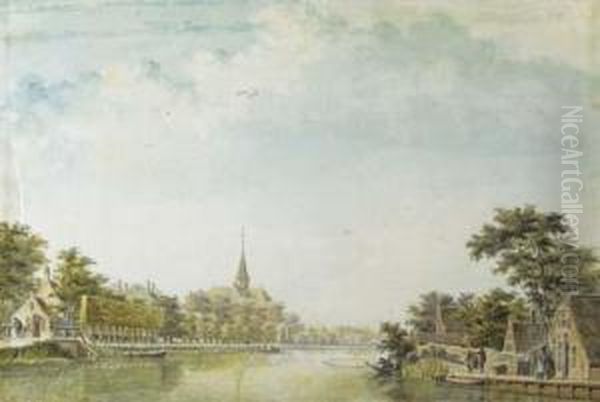 View Of Oudshorn, With Men 
Fishing From A Boat; And View Of A Dutchvillage, With A Cottage On A 
Canal And A Church Beyond Oil Painting by Theodor (Dirk) Verrijk