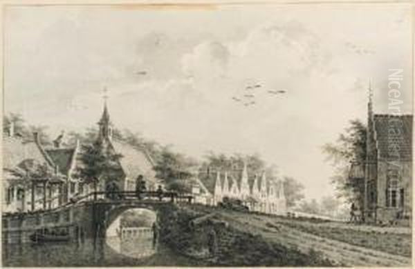 A View Of A Village Along A 
Canal, A Church To The Left, A Tavernto The Right, Said To Be The 
Village Of De Meern, Nearutrecht Oil Painting by Theodor (Dirk) Verrijk