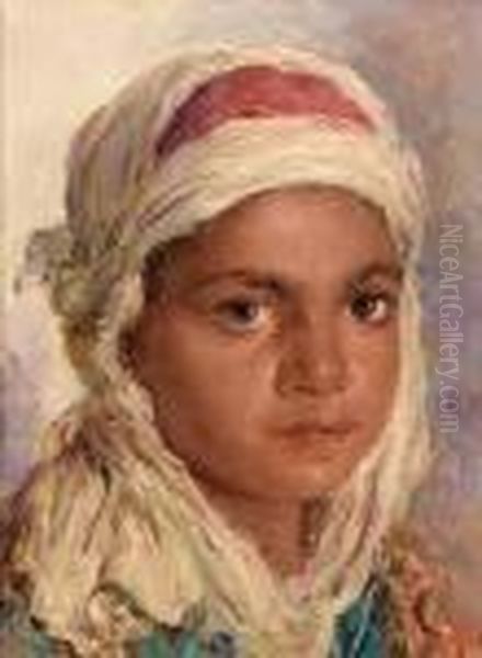 The White Turban; The Pink Turban, A Pair Oil Painting by Edouard Verschaffelt