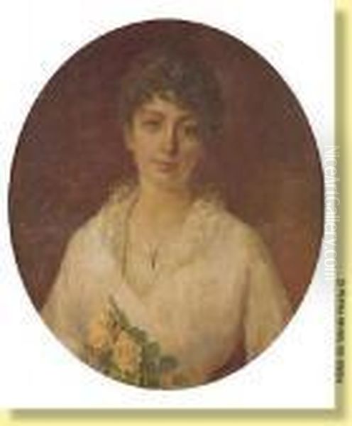 Portrait De Jeune Fille Au Bouquet De Roses Oil Painting by Edouard Verschaffelt
