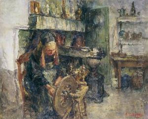 Bauerin Am Spinnrad. Oil Painting by Edouard Verschaffelt