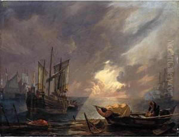An Evening Coastal Scene With 
Sailors Unloading Their Cargo, A Man-o-war Firing A Salute In The 
Distance Oil Painting by Lieve Verschuier