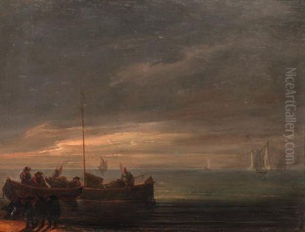 A River Estuary With Bandits On A
 Shore Awaiting The Arrival Offishermen In Rowing Boats, At Dawn Oil Painting by Lieve Verschuier