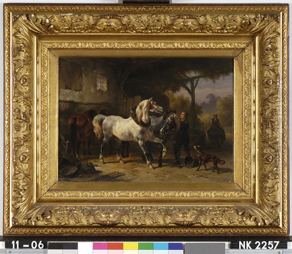 Horses In A Stable Oil Painting by Wouterus Verschuur