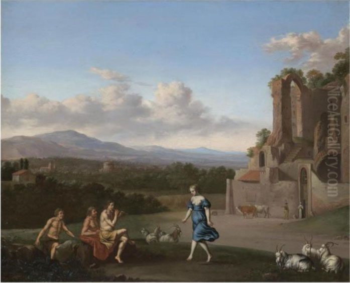 A Pastoral Landscape With A 
Shepherd Playing The Flute And A Girl Dancing, With Other Shepherds 
Watching Oil Painting by Daniel Vertangen
