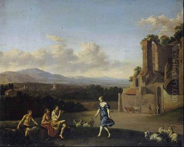Madchen Mit Entblosten Brusten 
Schreitet Auf Eine Gruppe Musizierender Hirten Zu, Mit Kleiner 
Ziegenherde. Oil Painting by Daniel Vertangen