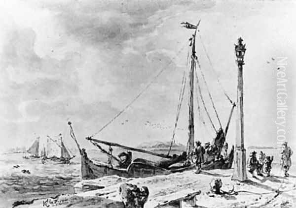 A Sailing Boat mooring by a Jetty with a Beacon Light at the Boeregat, Rotterdam Oil Painting by Karel La Fargue