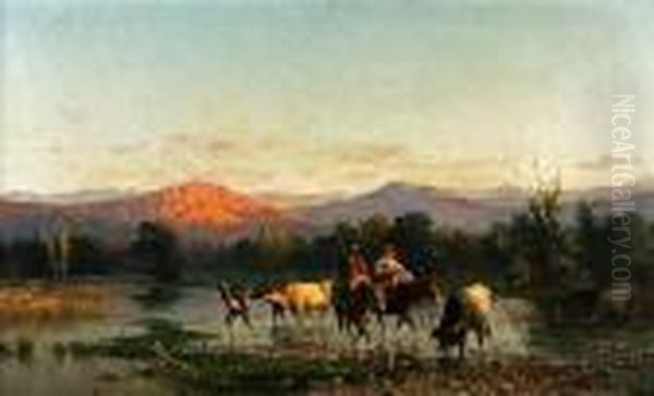 A Travelling Family On Horseback
 In Anextensive Landscape, With A Cattle Drover In The Foreground Oil Painting by Achille Vertunni