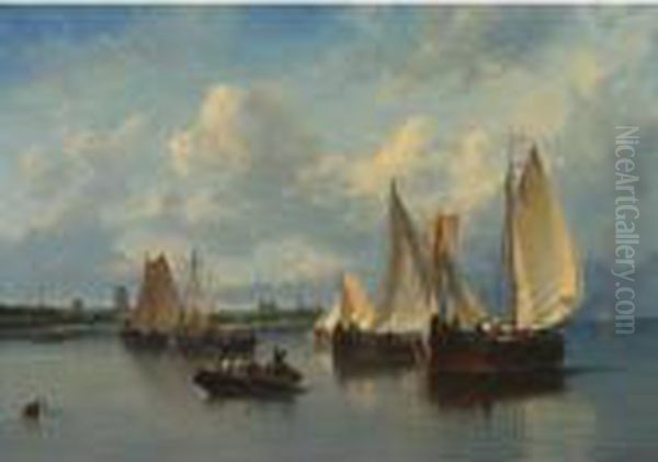 Sailboats At Anchor Oil Painting by Salomon Leonardus Verveer
