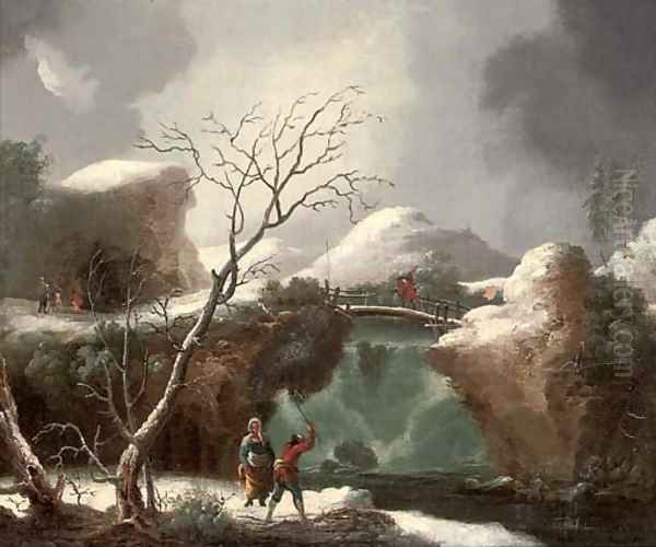 A winter landscape with figures by a waterfall Oil Painting by Francesco Foschi
