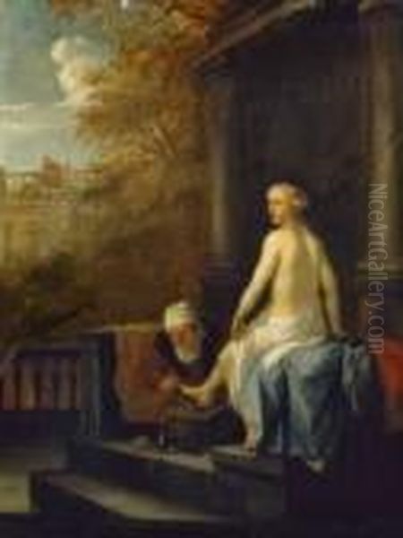 Bathseba Im Bade (ii Sam. 11,
 2-3). Im Hintergrund Konig David Auf Dem Dach Seines Oil Painting by Francois Verwilt