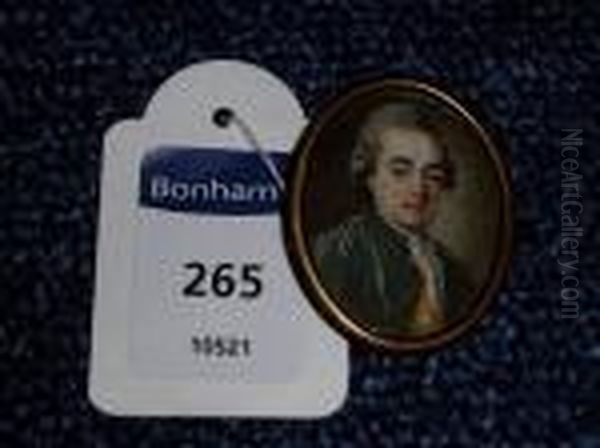 A Miniature Portrait Of A 
Gentleman, Wearing A Military Style Green Coat With Brass Buttons And 
Silver Aiguilette On His Right Shoulder, A Yellow Waistcoat And Frilled 
White Cravat, His Powdered Hair Worn En Queue Oil Painting by Antoine Vestier