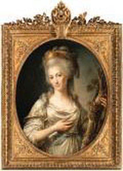 Portrait Of A Lady, Said To Be 
Princesse De Lamballe, Standingthree-quarter Length, Wearing A White 
Dress With A Blue Sash,beside A Tree With A Grapevine Oil Painting by Antoine Vestier