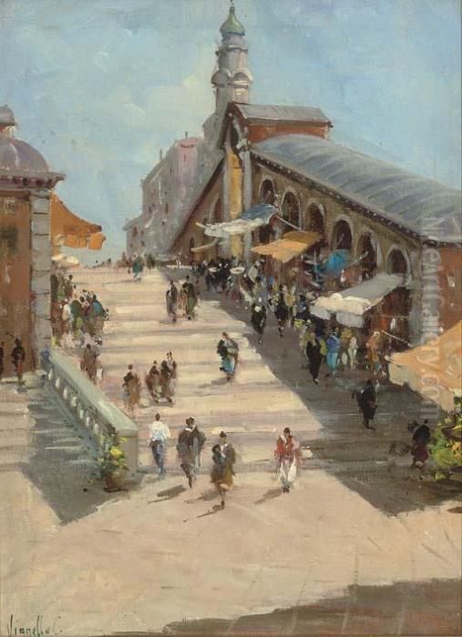On The Rialto Bridge, Venice Oil Painting by Cesare Vianello