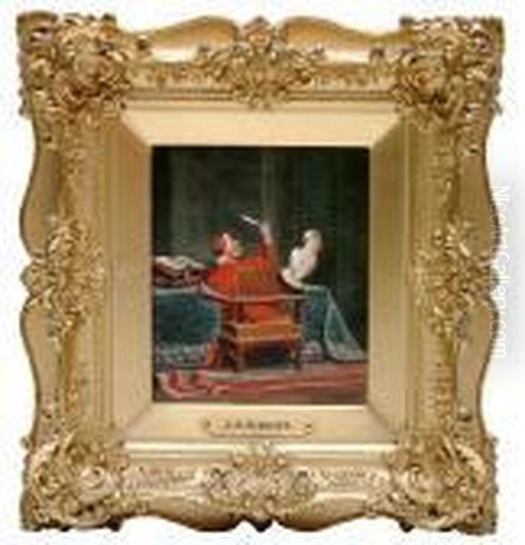 Kardinal An Einem Tischsitzend, 
Eine Schreibfeder Betrachtend, Auf Der Lehne Des Stuhlesein Kakadu. Oil Painting by Jehan Georges Vibert