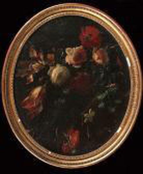 Carnations, Roses And Other 
Flowers Above A Carved Stone Shell; And Roses, Tulips And Poppies Above A
 Stone Staircase Oil Painting by Vicenzino