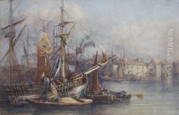 Unloading In The Docks Oil Painting by Alfred Gomersal Vickers